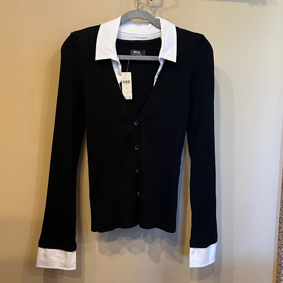 NWT - Maeve Layered Ribbed Black Cardigan Sweater White Shirt Collar and Cuffs - Picture 6 of 9